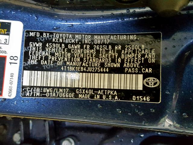 4T1BK1EB4JU275444 - 2018 TOYOTA AVALON XLE BLUE photo 10