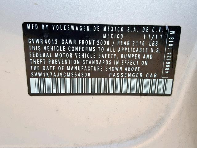 3VW1K7AJ9CM354306 - 2012 VOLKSWAGEN JETTA BASE SILVER photo 10