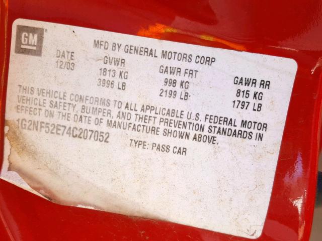 1G2NF52E74C207052 - 2004 PONTIAC GRAND AM S RED photo 10