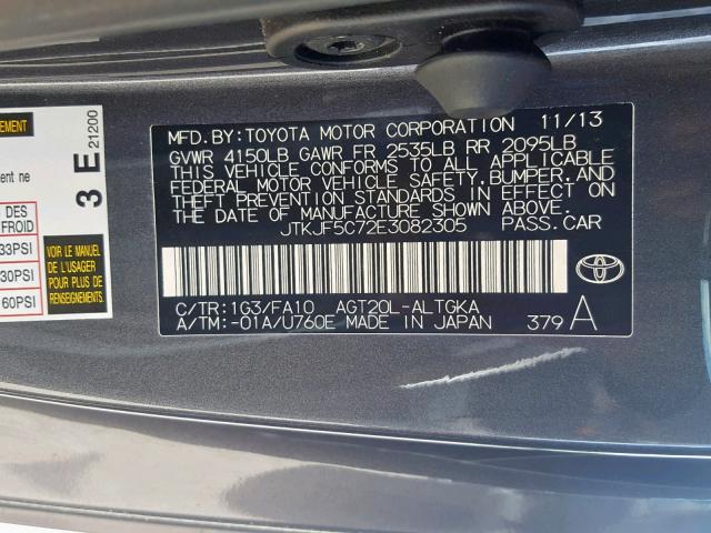 JTKJF5C72E3082305 - 2014 TOYOTA SCION TC GRAY photo 10