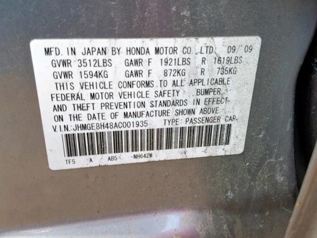 JHMGE8H48AC001935 - 2010 HONDA FIT SPORT GRAY photo 10