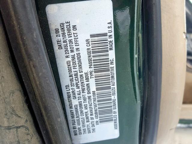 4S3BH6755Y7651066 - 2000 SUBARU LEGACY OUT GREEN photo 10