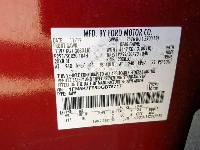 1FM5K7F98DGB75717 - 2013 FORD EXPLORER L RED photo 10