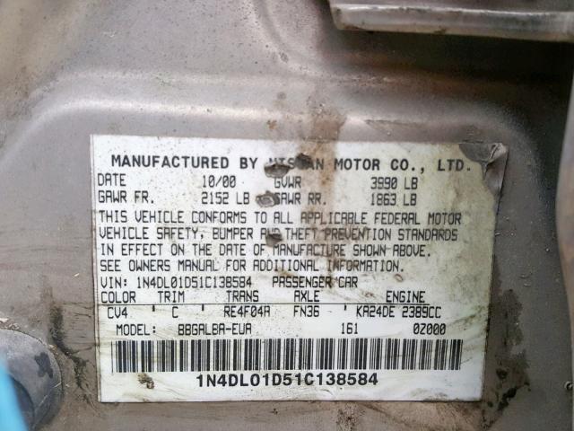 1N4DL01D51C138584 - 2001 NISSAN ALTIMA XE GOLD photo 10