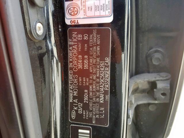 KNAFU4A29C5624261 - 2012 KIA FORTE EX BLACK photo 10