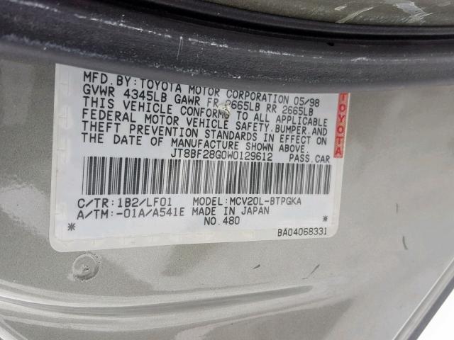 JT8BF28G0W0129612 - 1998 LEXUS ES 300 GRAY photo 10