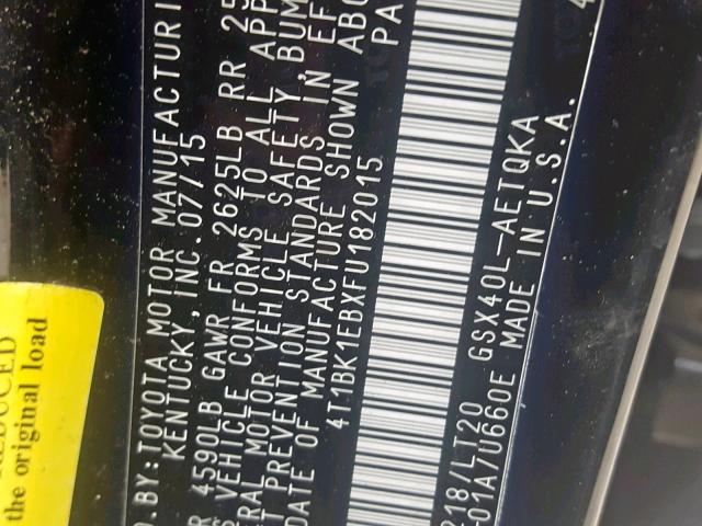 4T1BK1EBXFU182015 - 2015 TOYOTA AVALON XLE BLACK photo 10