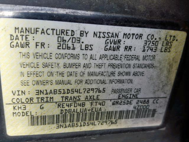 3N1AB51D54L729765 - 2004 NISSAN SENTRA SE- BLACK photo 10