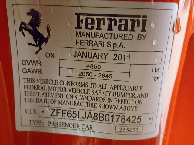 ZFF65LJA8B0178425 - 2011 FERRARI CALIFORNIA RED photo 10