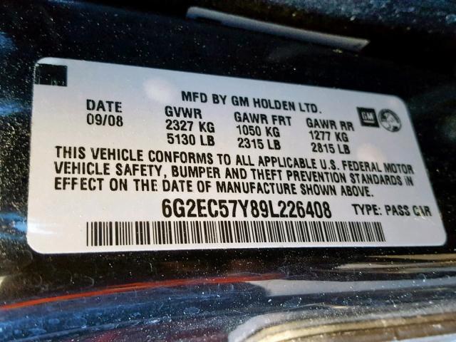 6G2EC57Y89L226408 - 2009 PONTIAC G8 GT BLACK photo 10