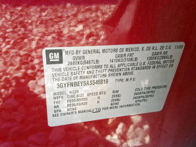 3GYFNBEY5AS546819 - 2010 CADILLAC SRX PERFOR 红色 照片 10