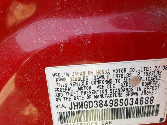 JHMGD38498S034688 - 2008 HONDA FIT RED photo 10