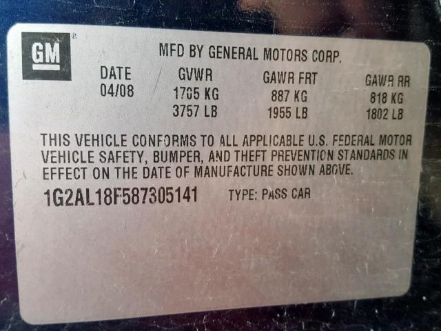 1G2AL18F587305141 - 2008 PONTIAC G5 BLUE photo 10
