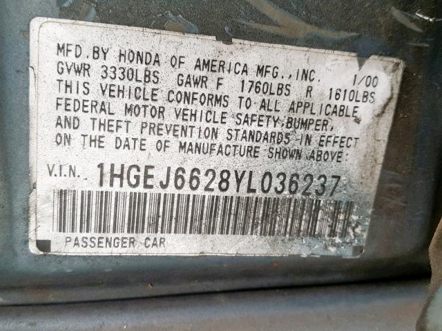 1HGEJ6628YL036237 - 2000 HONDA CIVIC DX BLUE photo 10