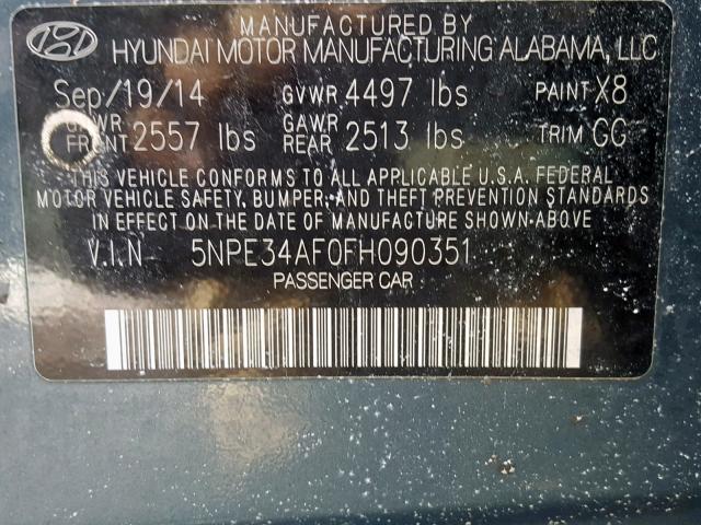 5NPE34AF0FH090351 - 2015 HYUNDAI SONATA SPO TURQUOISE photo 10