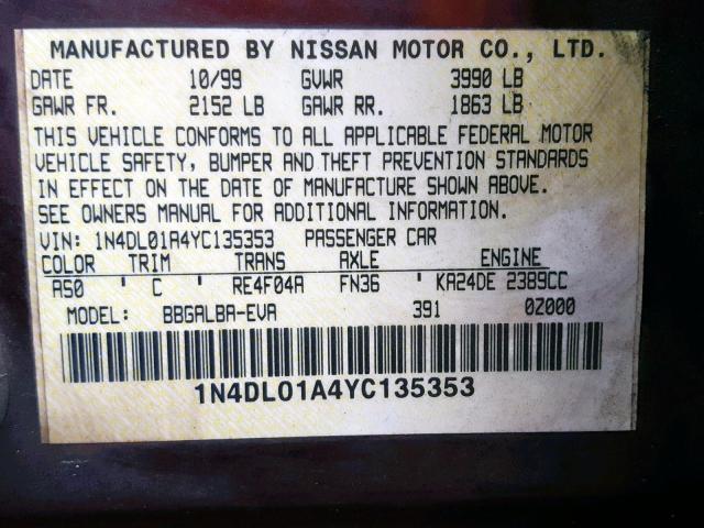 1N4DL01A4YC135353 - 2000 NISSAN ALTIMA XE PURPLE photo 10