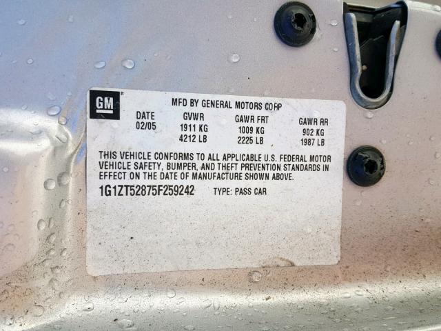 1G1ZT52875F259242 - 2005 CHEVROLET MALIBU LS SILVER photo 10