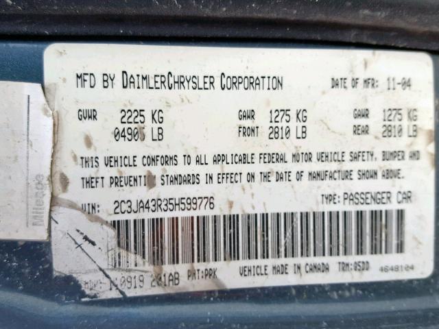 2C3JA43R35H599776 - 2005 CHRYSLER 300 GREEN photo 10