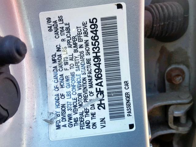 2HGFA16949H356495 - 2009 HONDA CIVIC EXL GRAY photo 10