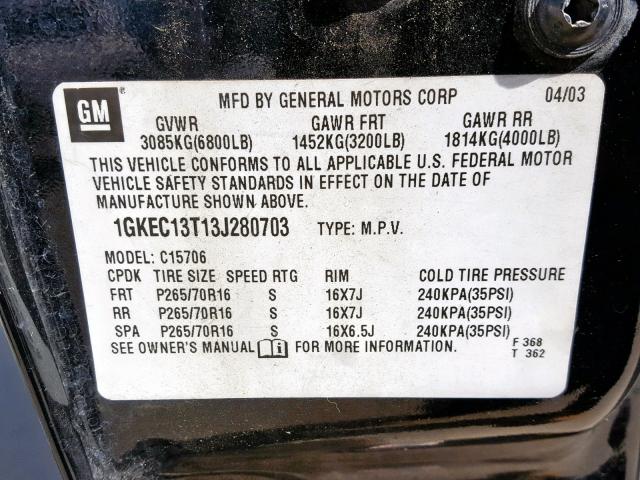 1GKEC13T13J280703 - 2003 GMC YUKON BLACK photo 10