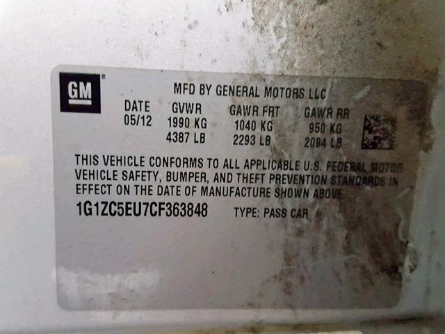 1G1ZC5EU7CF363848 - 2012 CHEVROLET MALIBU 1LT 银色 照片 10