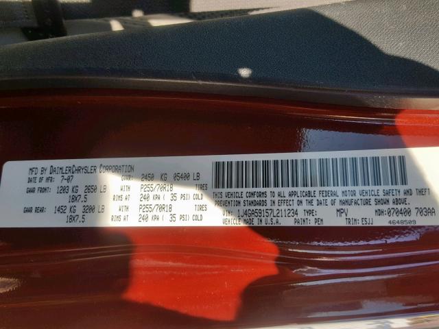 1J4GA59157L211234 - 2007 JEEP WRANGLER S მუქწითელი ფოტო 10