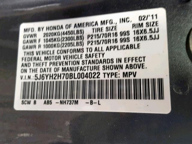 5J6YH2H70BL004022 - 2011 HONDA ELEMENT EX GRAY photo 10