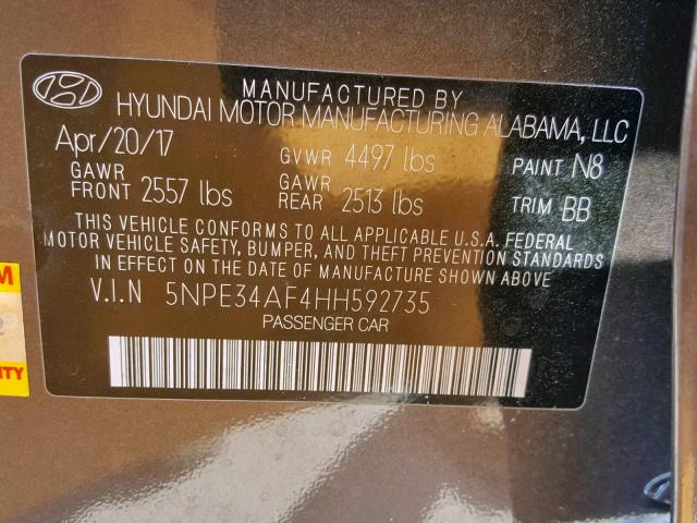 5NPE34AF4HH592735 - 2017 HYUNDAI SONATA SPO BROWN photo 10