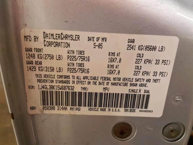 1J4GL38K15W687632 - 2005 JEEP LIBERTY RE SILVER photo 10