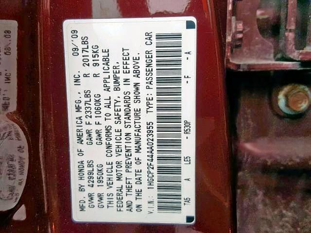 1HGCP2F44AA023955 - 2010 HONDA ACCORD LXP BURGUNDY photo 10