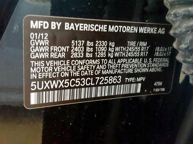 5UXWX5C53CL725863 - 2012 BMW X3 XDRIVE2 BLACK photo 10