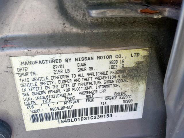 1N4DL01D31C239154 - 2001 NISSAN ALTIMA XE BEIGE photo 10