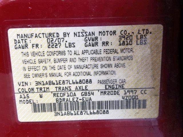 3N1AB61E87L668088 - 2007 NISSAN SENTRA 2.0 RED photo 10