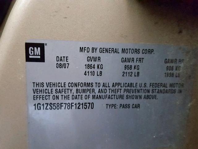 1G1ZS58F78F121570 - 2008 CHEVROLET MALIBU LS GOLD photo 10