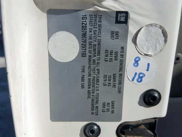 1G1ZS57N67F297193 - 2007 CHEVROLET MALIBU LS WHITE photo 10