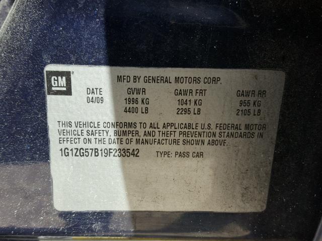 1G1ZG57B19F233542 - 2009 CHEVROLET MALIBU LS 蓝色 照片 10