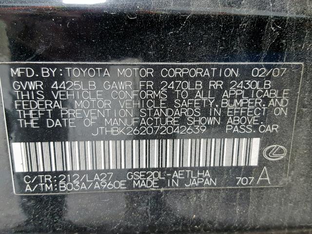 JTHBK262072042639 - 2007 LEXUS IS 250 BLACK photo 10