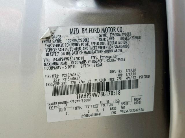 1FAHP24W78G170518 - 2008 FORD TAURUS SEL SILVER photo 10