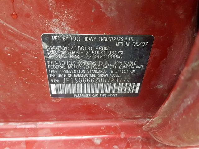 JF1SG66628H723774 - 2008 SUBARU FORESTER S RED photo 10