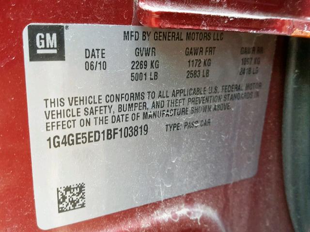 1G4GE5ED1BF103819 - 2011 BUICK LACROSSE C MAROON photo 10