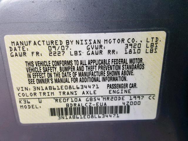 3N1AB61E08L634471 - 2008 NISSAN SENTRA 2.0 GRAY photo 10