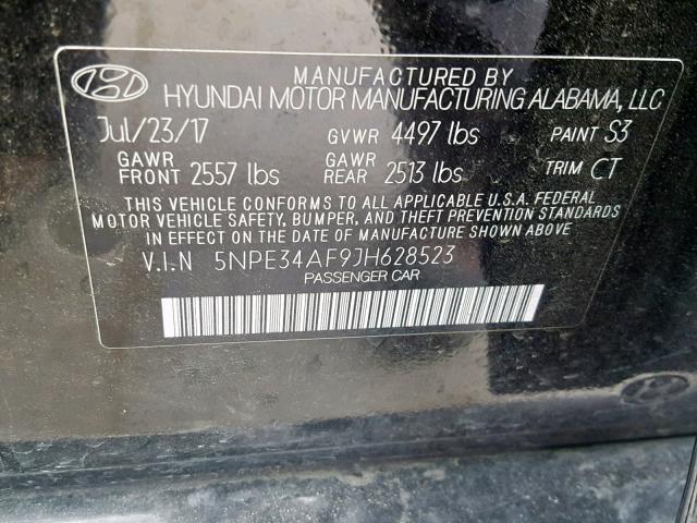 5NPE34AF9JH628523 - 2018 HYUNDAI SONATA SPO BLACK photo 10