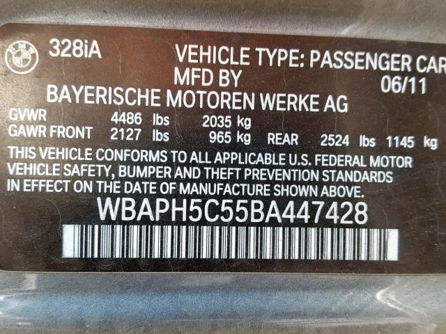 WBAPH5C55BA447428 - 2011 BMW 328 I SULE GRAY photo 10