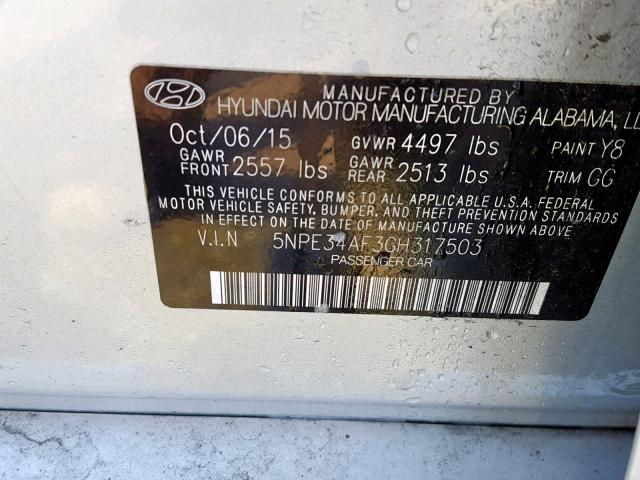 5NPE34AF3GH317503 - 2016 HYUNDAI SONATA SPO SILVER photo 10