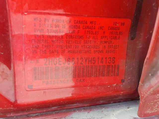 2HGEJ6612YH514138 - 2000 HONDA CIVIC BASE RED photo 10