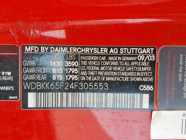 WDBKK65F24F305553 - 2004 MERCEDES-BENZ SLK 320 RED photo 10