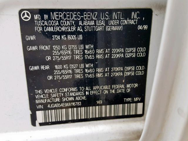 4JGAB54E9XA116783 - 1999 MERCEDES-BENZ ML 320 WHITE photo 10