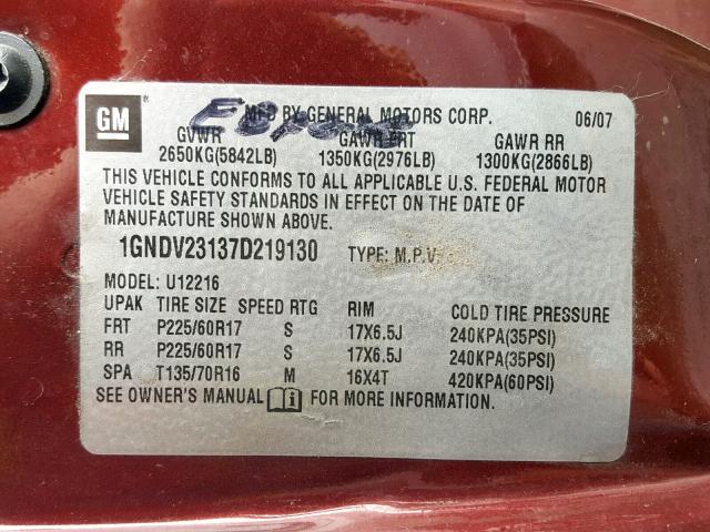 1GNDV23137D219130 - 2007 CHEVROLET UPLANDER L 红色 照片 10