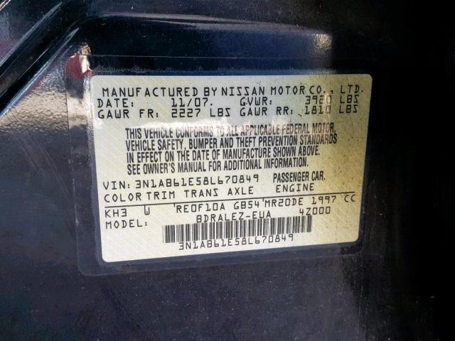 3N1AB61E58L670849 - 2008 NISSAN SENTRA 2.0 BLACK photo 10