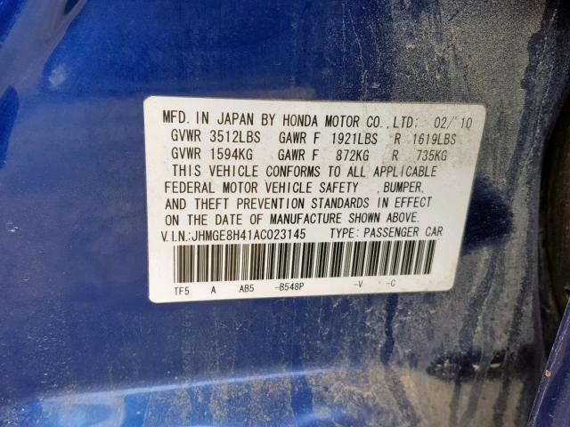 JHMGE8H41AC023145 - 2010 HONDA FIT SPORT BLUE photo 10